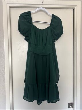 Women's Dark Green Puff-Sleeve Midi Dress